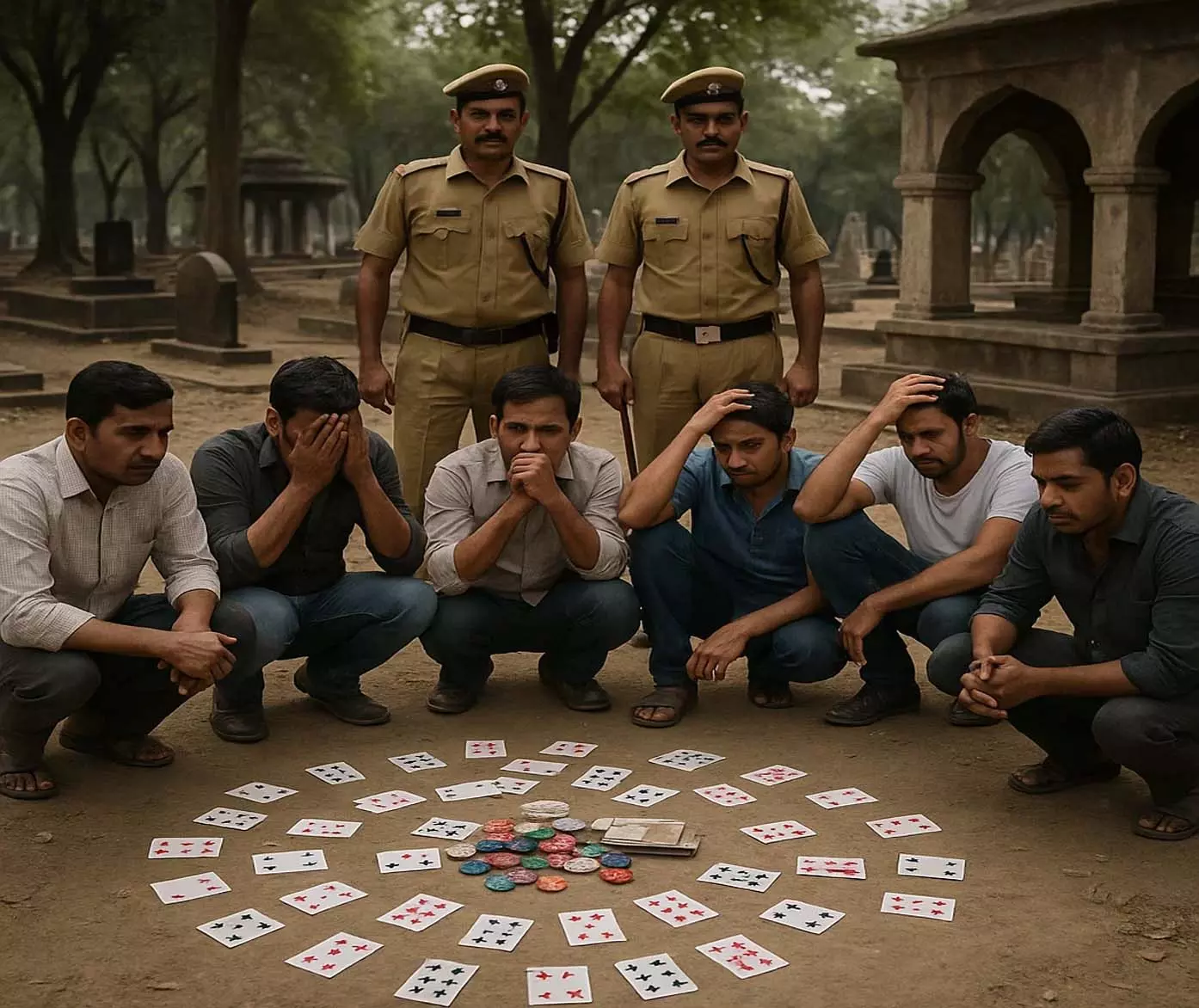 शमशान घाट में जुआ! मोमबत्ती की रोशनी में लग रहा था दांव — पुलिस ने सात खिलाड़ियों को रंगे हाथों पकड़ा