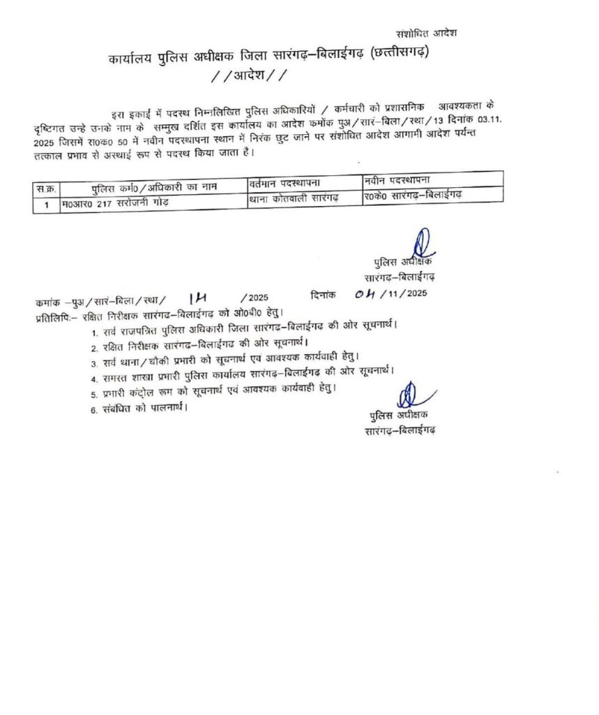 सारंगढ़–बिलाईगढ़: पुलिस विभाग में बड़ा फेरबदल, 80 कर्मियों का तबादला
