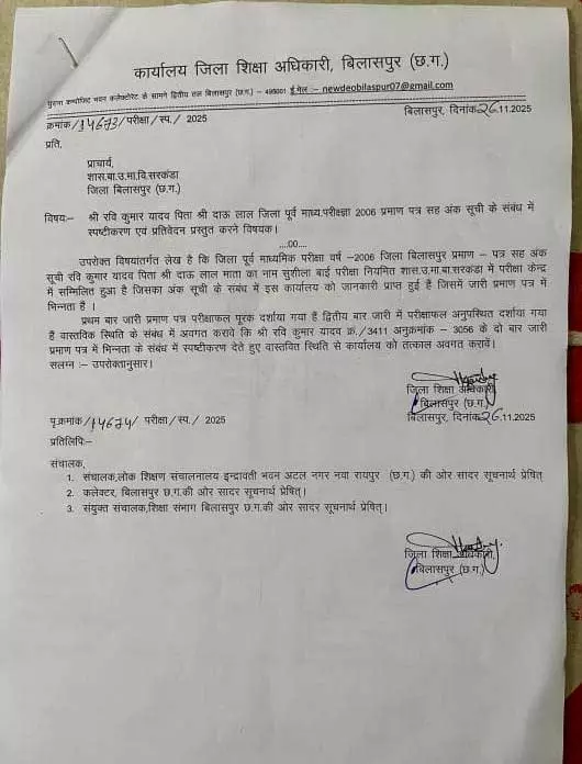 बिलासपुर में मार्कशीट विवाद: DEO सख्त, प्राचार्य से तलब किया प्रतिवेदन