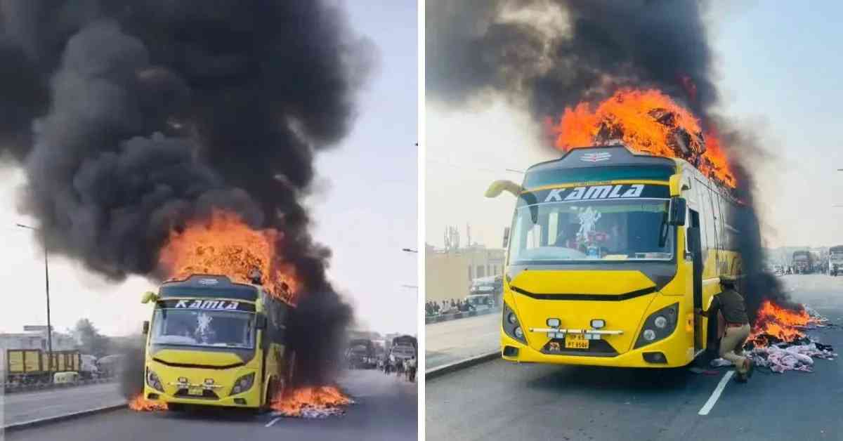 चलती बस में भीषण आग, 43 यात्रियों की बची जान