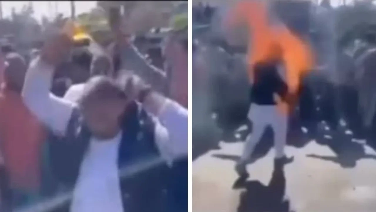 प्रदर्शन का ड्रामा बना डरावना हादसा!” खुद पर पेट्रोल डाल रहे नेता को भीड़ में किसी ने लगा दी आग — कुछ ही सेकंड में मच गया कोहराम!